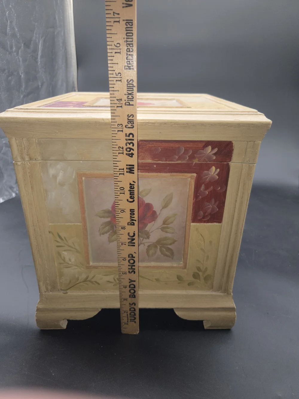 French Country Painted Wood 13 Inch Tall Jewelry Storage Box Chest Red Rose
